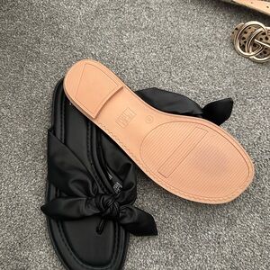 Women's Black Pleather Bow Slides